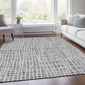 Homeroots 3' Stylish Black Gray And Ivory Striped Washable Rug For Indoor And Outdoor Spaces, Durable Design 8' X 10' Polyester 583429