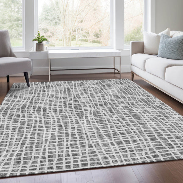 Homeroots 3' Stylish Black Gray And Ivory Striped Washable Rug For Indoor And Outdoor Spaces, Durable Design 9' X 12' Polyester 583430