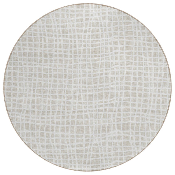 HomeRoots 5' Elegant Ivory and Beige Striped Washable Area Rug for Indoor and Outdoor Spaces, Durable Design 8' Round 583434