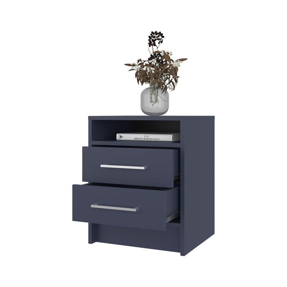 English Elm LEE Nightstand 2-Drawer with Open Shelf in Navy Blue – Modern Scratch-Resistant Bedroom Storage B128P387076