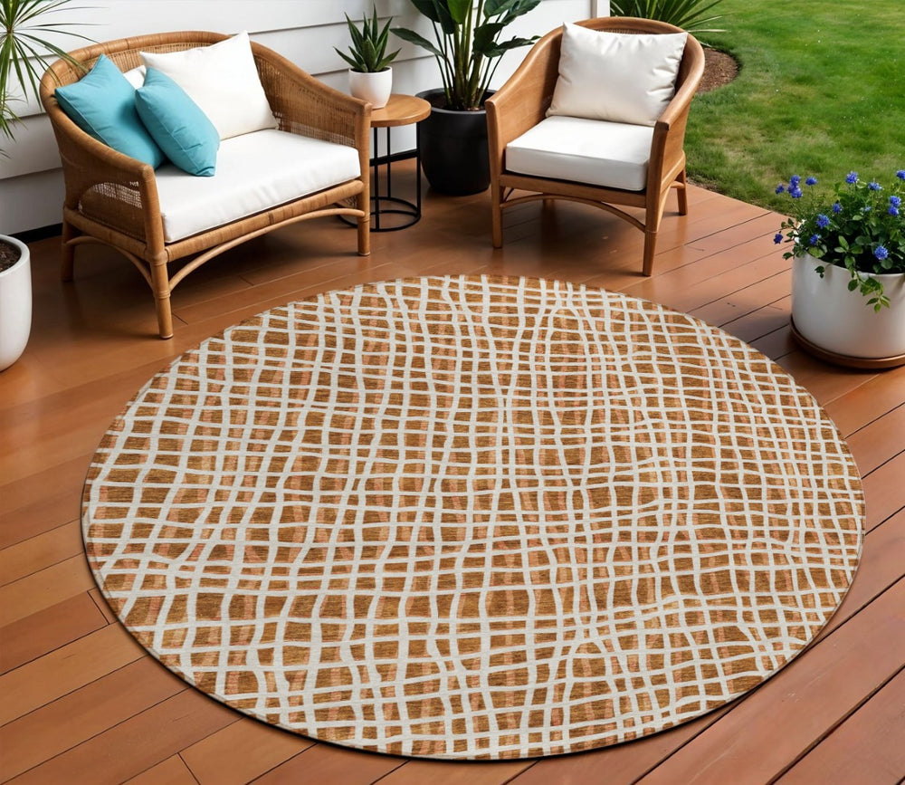 HomeRoots 5' Bold Orange Beige Copper Striped Washable Indoor/Outdoor Area Rug for Homes & Patios 8' Round 583458