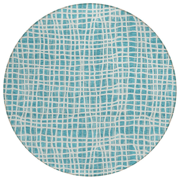 HomeRoots 5' Stylish Teal Blue and Ivory Striped Indoor Outdoor Area Rug - Durable, Washable, Versatile Design 8' Round 583464