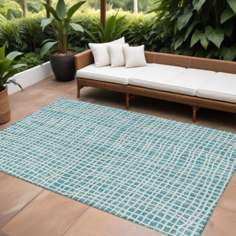 HomeRoots 5' Stylish Teal Blue and Ivory Striped Indoor Outdoor Area Rug - Durable, Washable, Versatile Design 10' X 14' 583467