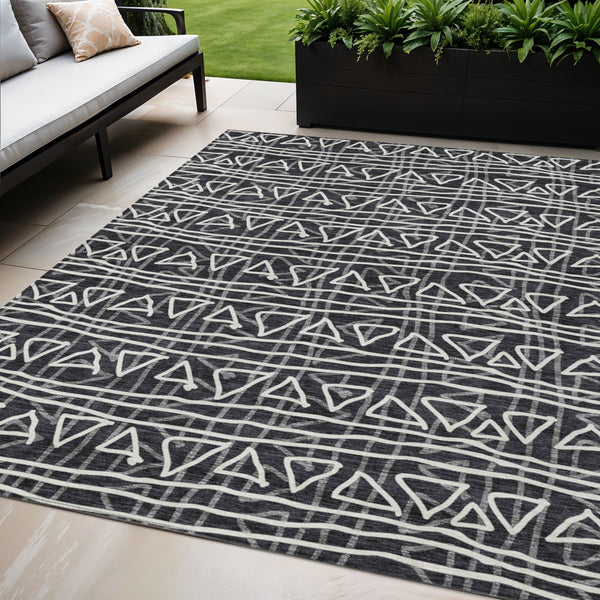 Homeroots 3' Black Gray Ivory Geometric Washable Area Rug For Indoor Outdoor Spaces - Durable & Stylish! 5' X 8' Polyester 583475