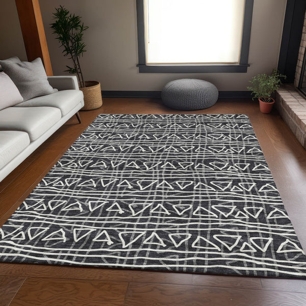 Homeroots 3' Black Gray Ivory Geometric Washable Area Rug For Indoor Outdoor Spaces - Durable & Stylish! 5' X 8' Polyester 583475