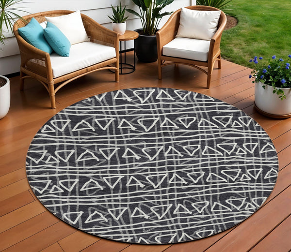 Homeroots 3' Black Gray Ivory Geometric Washable Area Rug For Indoor Outdoor Spaces - Durable & Stylish! 8' Round Polyester 583476