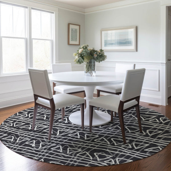 Homeroots 3' Black Gray Ivory Geometric Washable Area Rug For Indoor Outdoor Spaces - Durable & Stylish! 8' Round Polyester 583476