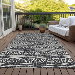 Homeroots 3' Black Gray Ivory Geometric Washable Area Rug For Indoor Outdoor Spaces - Durable & Stylish! 10' X 14' Polyester 583479