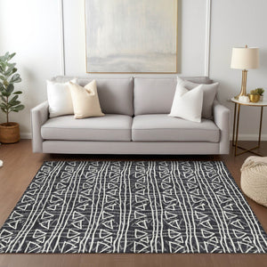 Homeroots 3' Black Gray Ivory Geometric Washable Area Rug For Indoor Outdoor Spaces - Durable & Stylish! 10' X 14' Polyester 583479