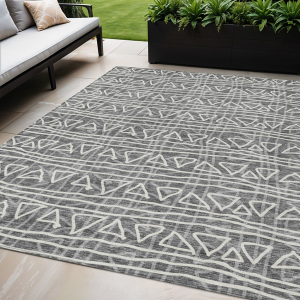 Homeroots 3' Black Gray Ivory Geometric Washable Area Rug For Indoor Outdoor Spaces - Durable & Stylish! 5' X 8' Polyester 583481