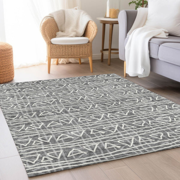 Homeroots 3' Black Gray Ivory Geometric Washable Area Rug For Indoor Outdoor Spaces - Durable & Stylish! 9' X 12' Polyester 583484