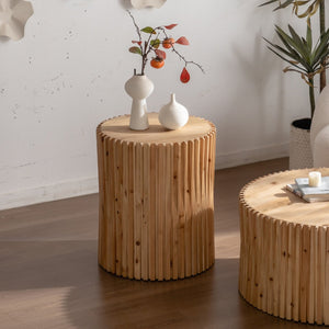 English Elm Retro Cylindrical Coffee Tables Set Of 2 - Textured Relief Design For Stylish Living Room & Office Use W757S00029-GIGA