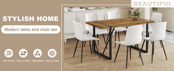 English Elm Table Set With Vintage Wood Top & White Faux Leather Chairs - Modern Dining Solution For Any Space W1151S01484-GIGA