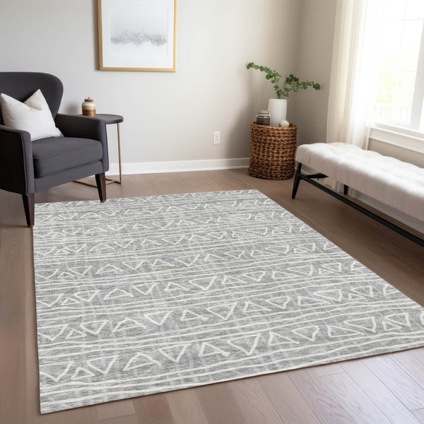 Homeroots 3' Black Gray Ivory Geometric Washable Area Rug For Indoor Outdoor Spaces - Durable & Stylish! 8' X 10' Polyester 583501