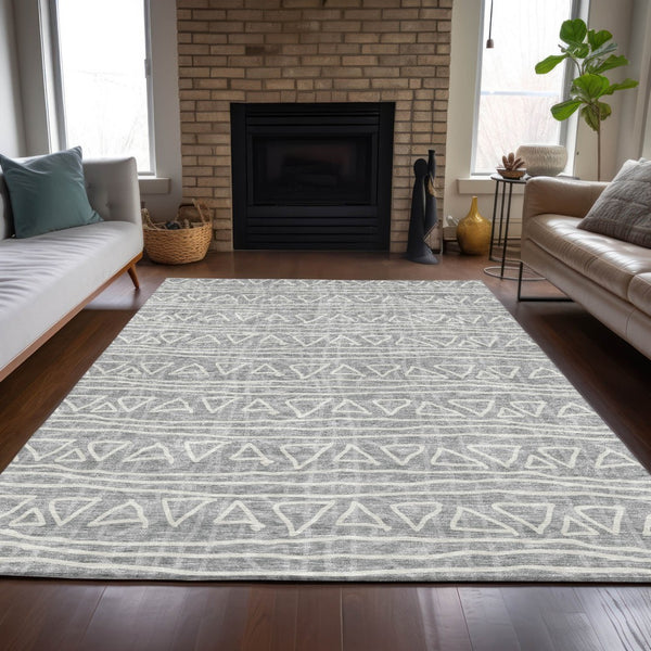 Homeroots 3' Black Gray Ivory Geometric Washable Area Rug For Indoor Outdoor Spaces - Durable & Stylish! 9' X 12' Polyester 583502