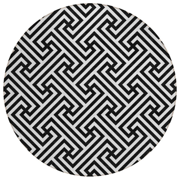 HomeRoots 5' Modern Black and Ivory Geometric Area Rug - Durable, Washable, Perfect for Indoor and Outdoor Use 8' Round 583560