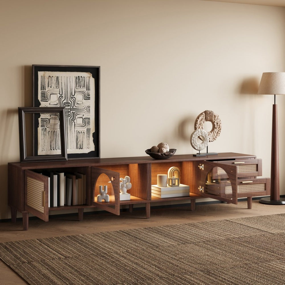 English Elm 86 Inch Rattan Media Console with Led Lighting Two Drawers Modern Living Room Tv Stand N710P438977P