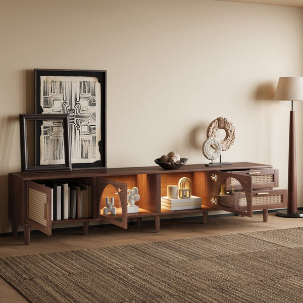 English Elm 86 Inch Rattan Media Console with Led Lighting Two Drawers Modern Living Room Tv Stand N710P438977P