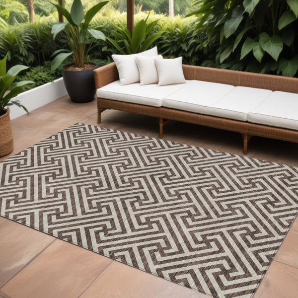 HomeRoots 5' Durable Brown and Beige Geometric Area Rug for Indoor and Outdoor Use - Stylish & Washable Design 10' X 14' 583569