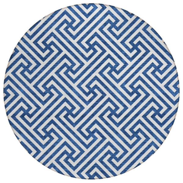HomeRoots 5' Blue and Ivory Geometric Area Rug - Stylish, Durable, Washable for Indoor and Outdoor Spaces 8' Round 583572