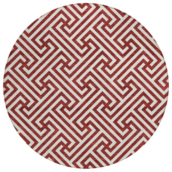 HomeRoots 5' Stylish Merlot and Ivory Geometric Area Rug for Indoor and Outdoor Use - Washable and Durable 8' Round 583596