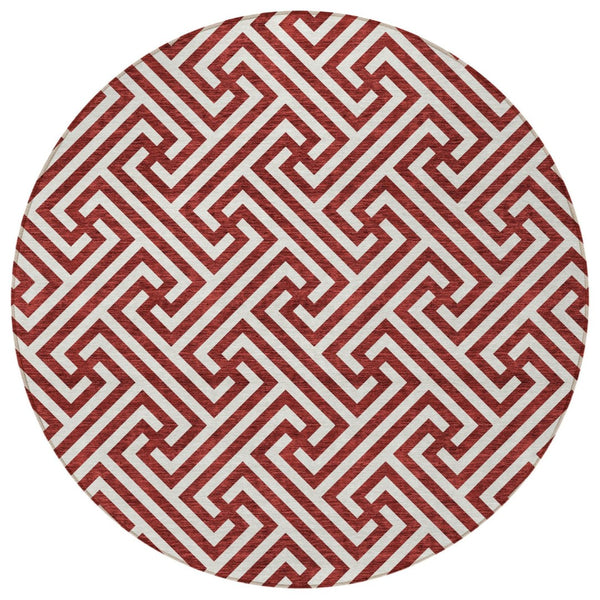 HomeRoots 5' Stylish Merlot and Ivory Geometric Area Rug for Indoor and Outdoor Use - Washable and Durable 8' Round 583596