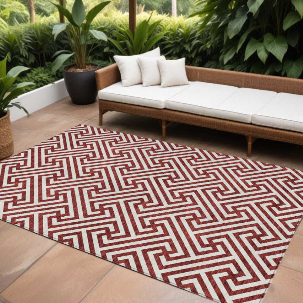 HomeRoots 5' Stylish Merlot and Ivory Geometric Area Rug for Indoor and Outdoor Use - Washable and Durable 10' X 14' 583599