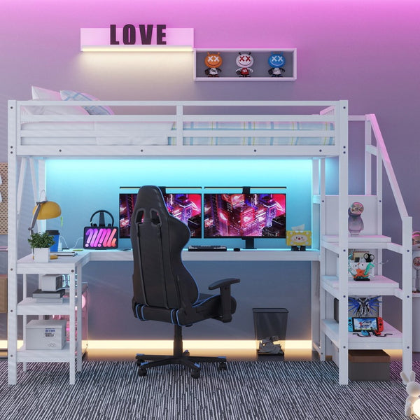 English Elm Metal Full Loft Bed with L Shaped Desk Wardrobe Rgb Lighting and Usb Charging White W2593S00054