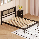 English Elm Queen Size Wooden Platform Bed With Natural Rattan Headboard, Exquisite Elegance With Minimalist Charm For Bedroom, Black