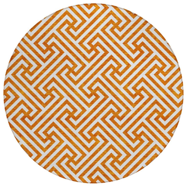 HomeRoots 5' Bold Orange and Ivory Geometric Washable Area Rug - Perfect for Indoor and Outdoor Spaces! 8' Round 583608