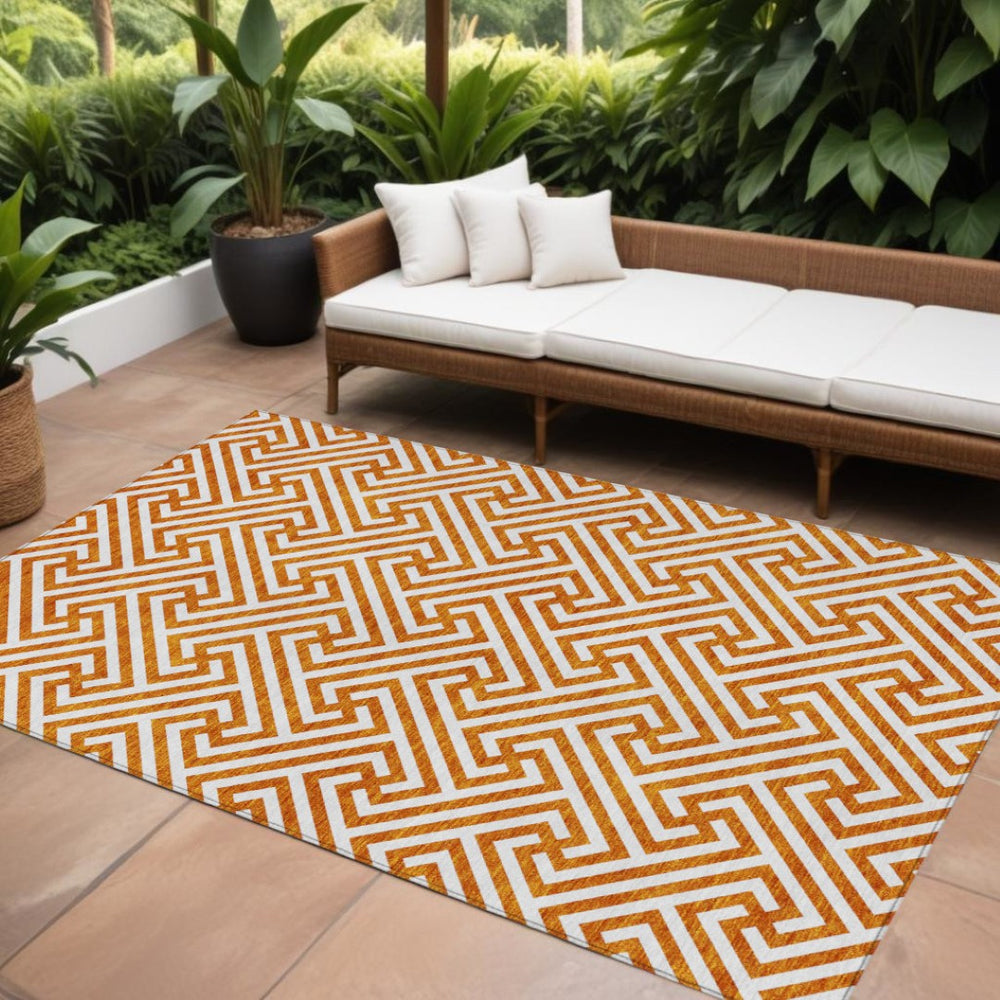 HomeRoots 5' Bold Orange and Ivory Geometric Washable Area Rug - Perfect for Indoor and Outdoor Spaces! 8' X 10' 583609