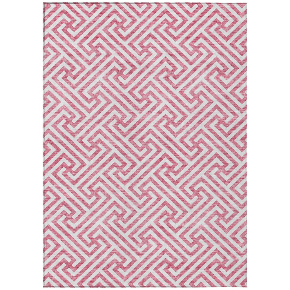 HomeRoots 5' Modern Pink and Ivory Geometric Washable Area Rug for Indoor and Outdoor High-Traffic Spaces 5' X 8' 583613