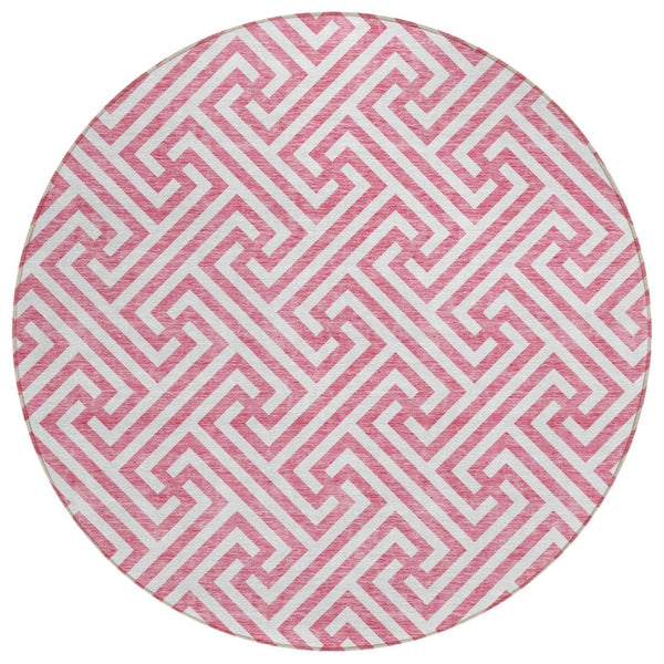 HomeRoots 5' Modern Pink and Ivory Geometric Washable Area Rug for Indoor and Outdoor High-Traffic Spaces 8' Round 583614