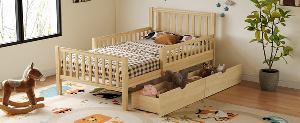 English Elm Twin Pine Platform Bed with Guardrails and Under Storage Drawers for Small Rooms N733P172696M