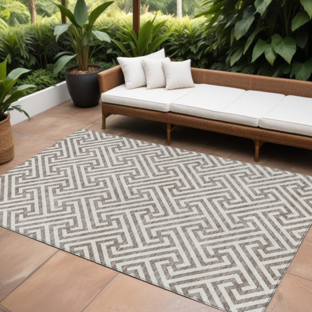 HomeRoots 5' Taupe and Ivory Geometric Washable Area Rug for Stylish Indoor and Outdoor Spaces - Durable Design 8' X 10' 583639