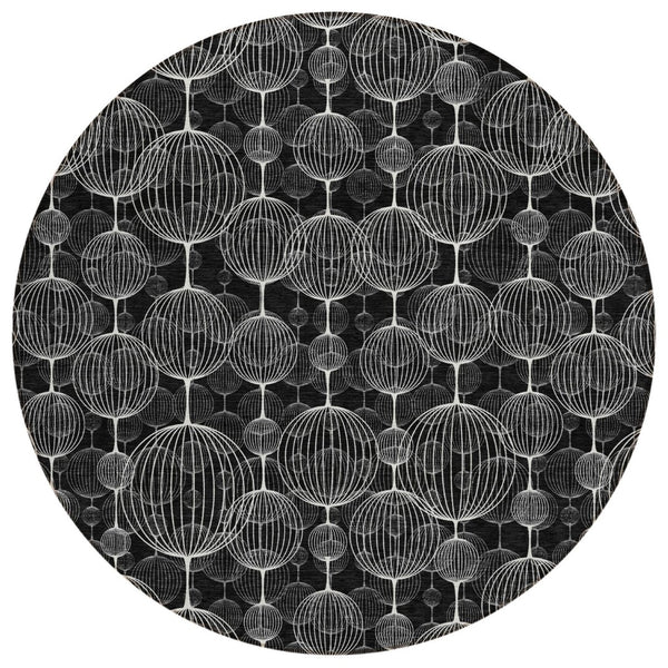 HomeRoots 5' Stylish Black Charcoal and Ivory Geometric Washable Area Rug for Indoor and Outdoor Use 8' Round 583656