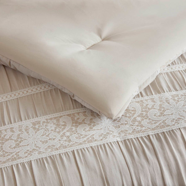 English Elm 7-piece King Jacquard Comforter Set Lace Detail Chambray Cottage Bedroom Ensemble Neutral B035P482889
