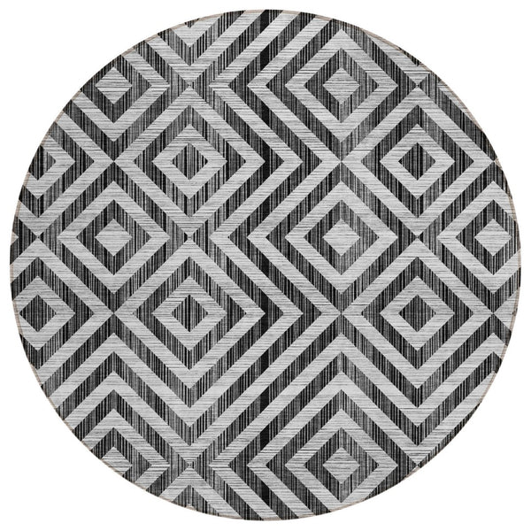 HomeRoots 5' Stylish Geometric Black, Gray & Silver Washable Area Rug for Indoor and Outdoor Spaces, Modern Design 8' Round 583692