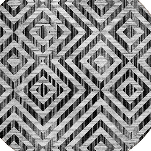 Homeroots 3' Stylish Black, Gray & Silver Geometric Washable Rug For Indoor/Outdoor Spaces - Durable Design 8' Round Polyester 583692
