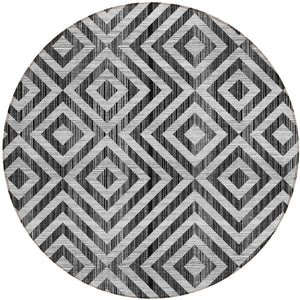 Homeroots 3' Stylish Black, Gray & Silver Geometric Washable Rug For Indoor/Outdoor Spaces - Durable Design 8' Round Polyester 583692