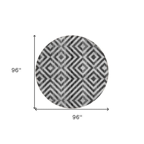 Homeroots 3' Stylish Black, Gray & Silver Geometric Washable Rug For Indoor/Outdoor Spaces - Durable Design 8' Round Polyester 583692