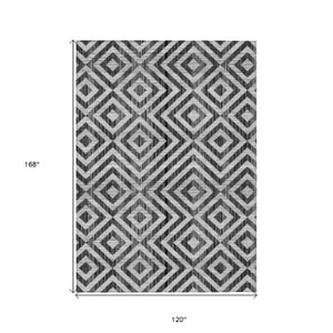 Homeroots 3' Stylish Black, Gray & Silver Geometric Washable Rug For Indoor/Outdoor Spaces - Durable Design 10' X 14' Polyester 583695