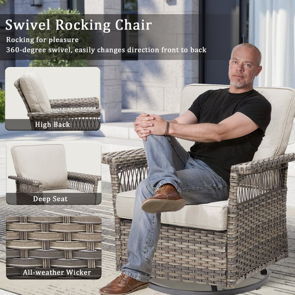 English Elm 2 Outdoor Swivel Rocker Patio Chairs High Back Deep Seat Olefin Cushions Steel Base Beige T3773P416507