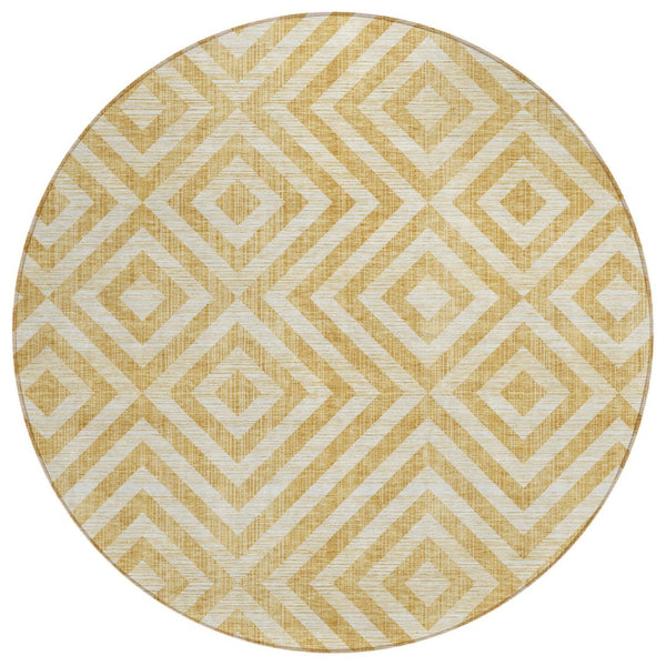 HomeRoots 5' Stylish Gold Beige Ivory Geometric Area Rug - Durable, Washable, Perfect for Indoor & Outdoor Use 8' Round 583710