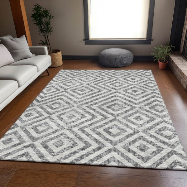 HomeRoots 5' Gray Silver and Ivory Geometric Area Rug - Stylish, Durable, Washable for Indoor and Outdoor Spaces 5' X 8' 583715