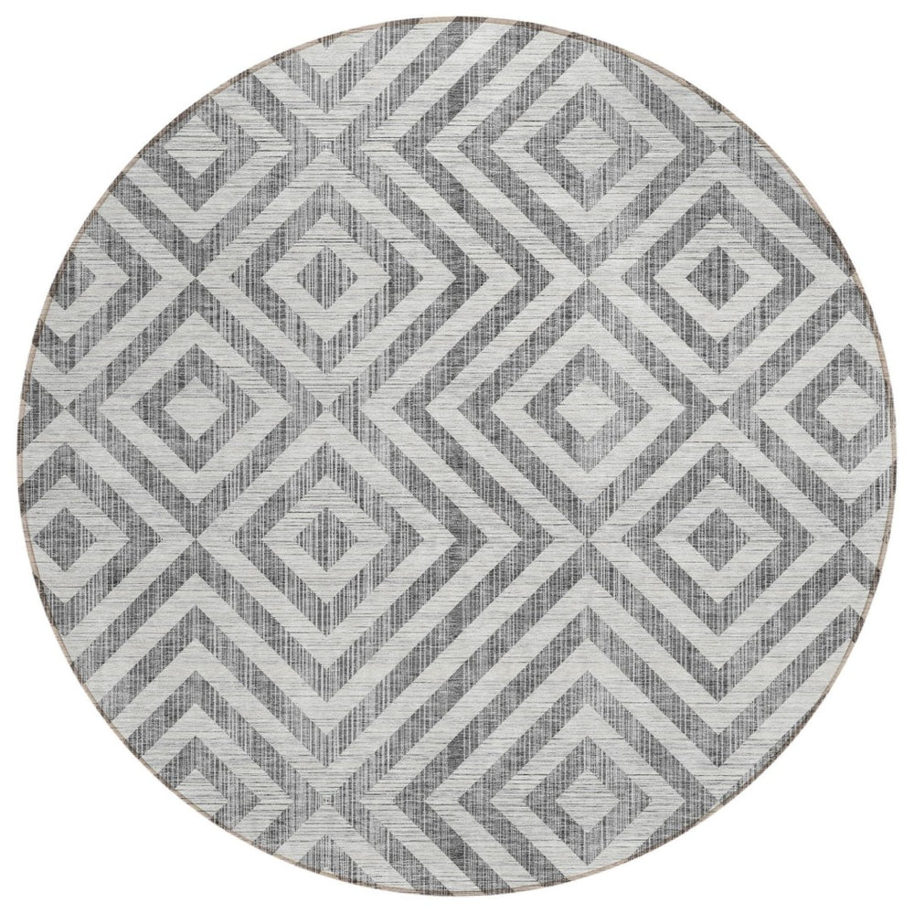 HomeRoots 5' Gray Silver and Ivory Geometric Area Rug - Stylish, Durable, Washable for Indoor and Outdoor Spaces 8' Round 583716