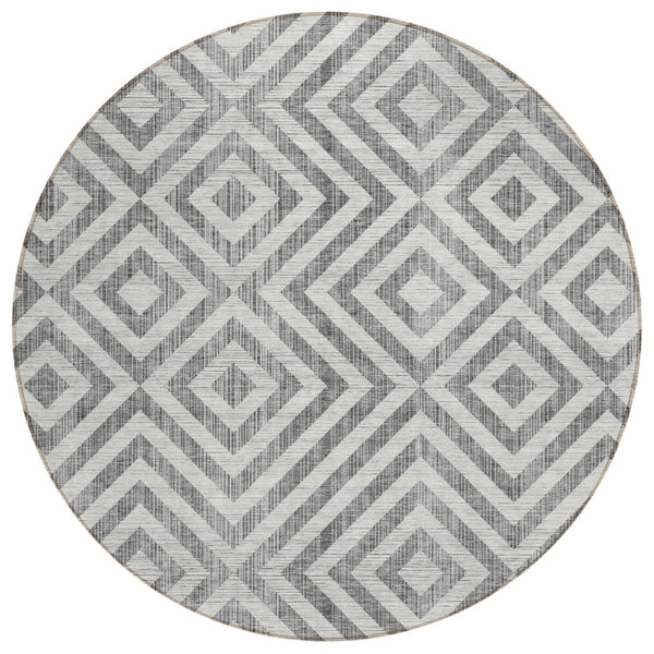 HomeRoots 5' Gray Silver and Ivory Geometric Area Rug - Stylish, Durable, Washable for Indoor and Outdoor Spaces 8' Round 583716