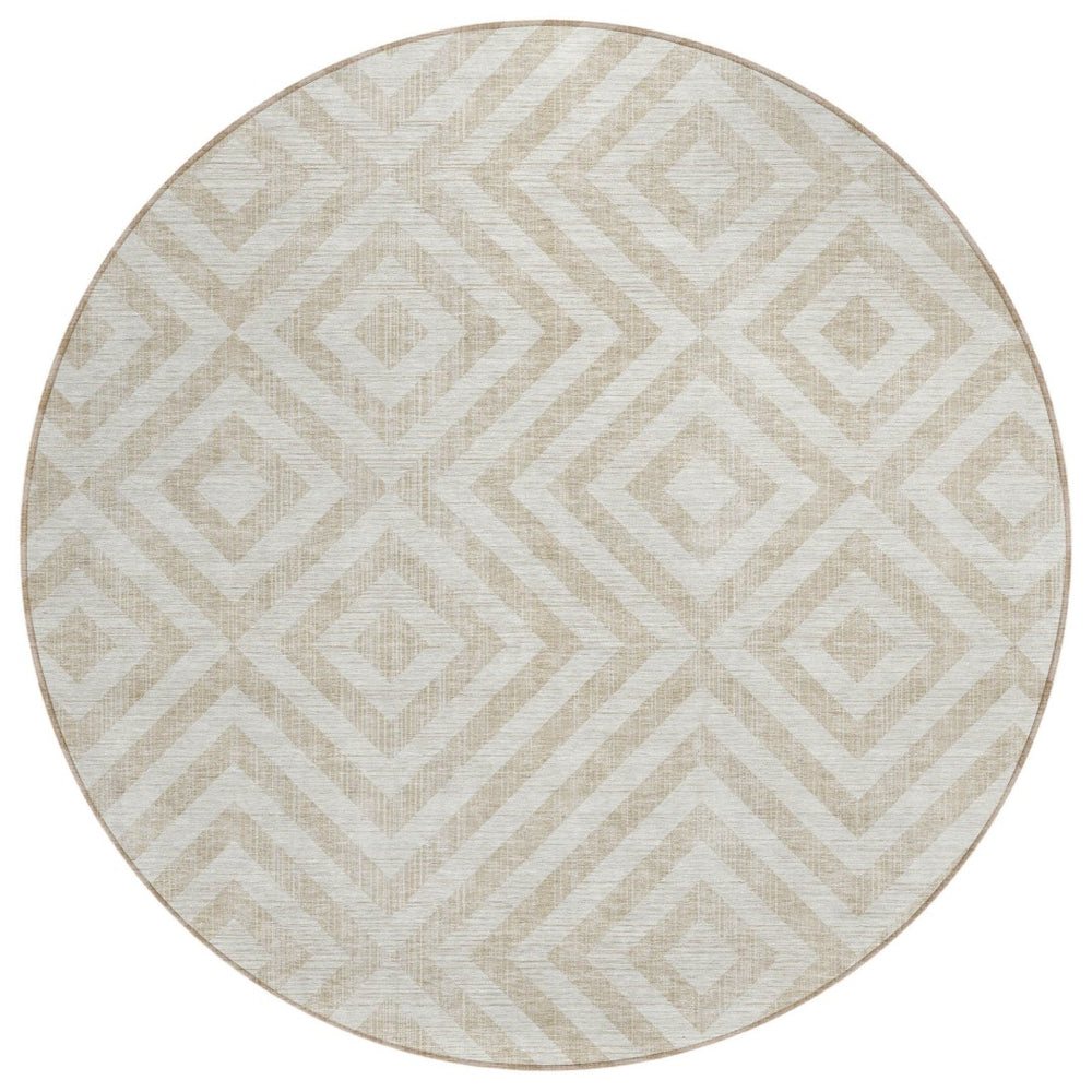 HomeRoots 5' Modern Ivory and Beige Geometric Area Rug – Washable, Durable, Indoor Outdoor Use, Easy Care 8' Round 583722