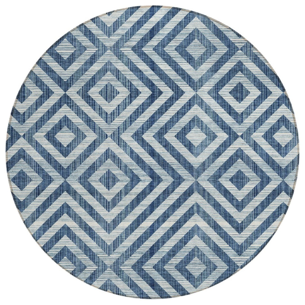 HomeRoots 5' Navy Blue and Ivory Geometric Area Rug - Stylish, Washable, Durable for Indoor and Outdoor Spaces 8' Round 583728