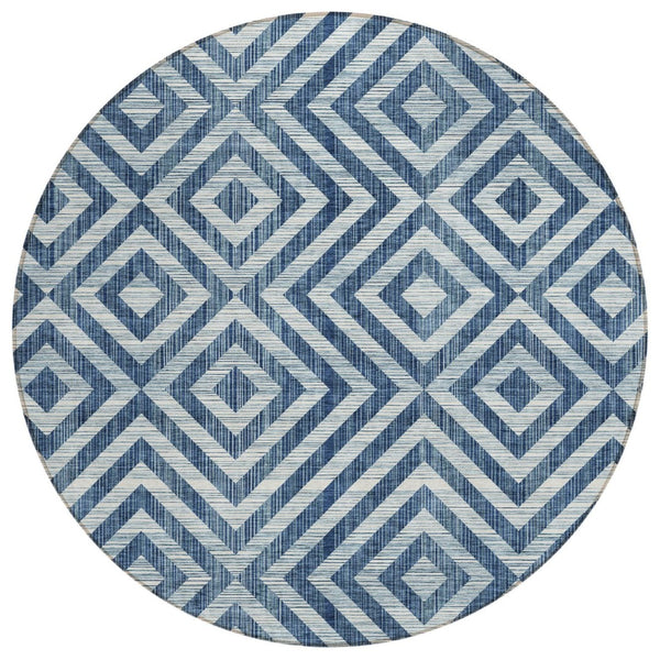 HomeRoots 5' Navy Blue and Ivory Geometric Area Rug - Stylish, Washable, Durable for Indoor and Outdoor Spaces 8' Round 583728